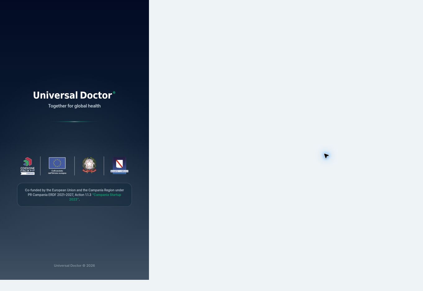 Fermo finale della splash Universal Doctor: Together for global health, con loghi Coesione Italia, Unione europea, Repubblica Italiana e Regione Campania